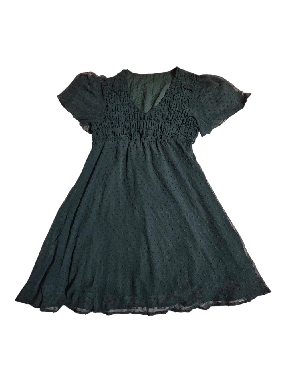Fashion  Dark Green Swiss Dot Smocked Waist Dress